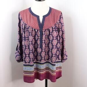 Daniel Rainn Women’s L Boho Print Semi-Sheer Chiffon Roll-Tab Sleeve Blouse